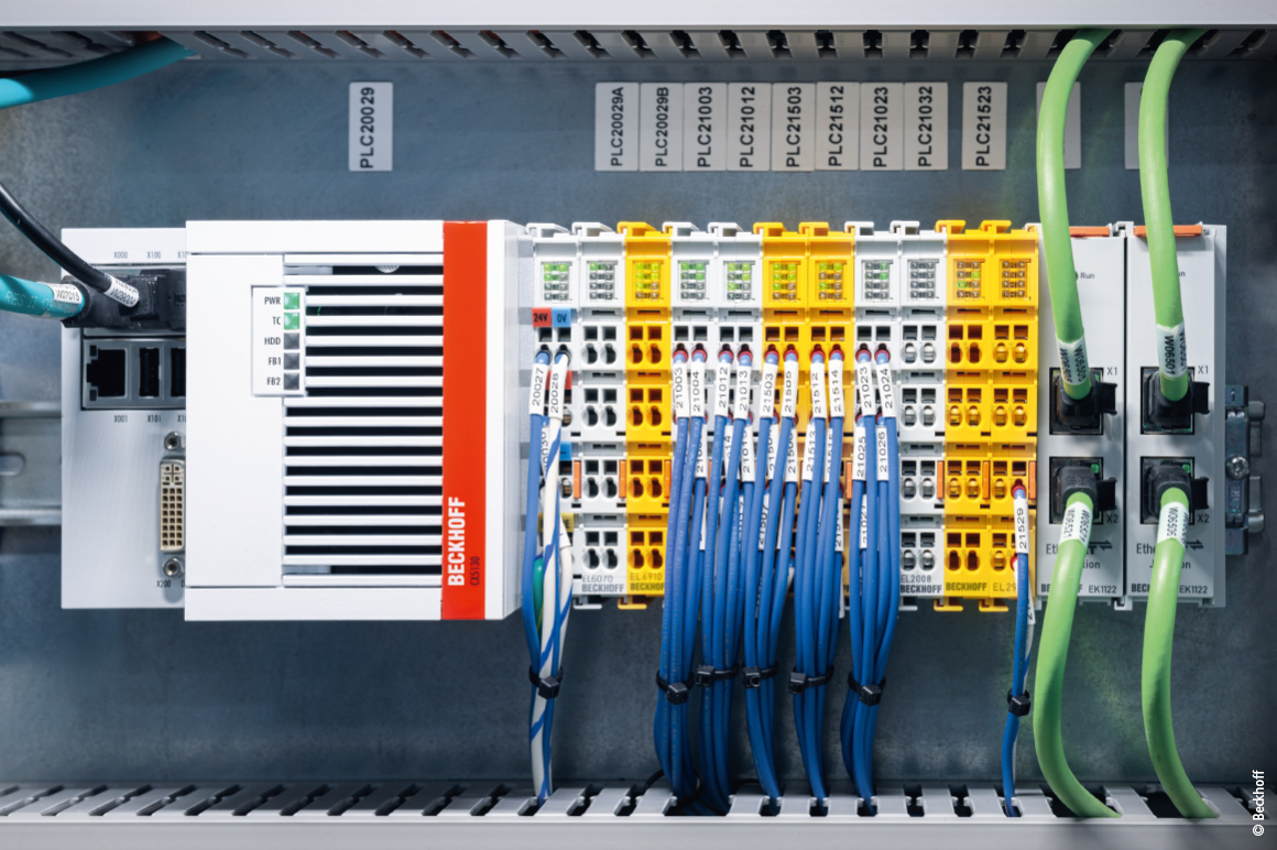 A CX5130 Embedded PC from Beckhoff serves as the central machine controller for the robotic testing center.